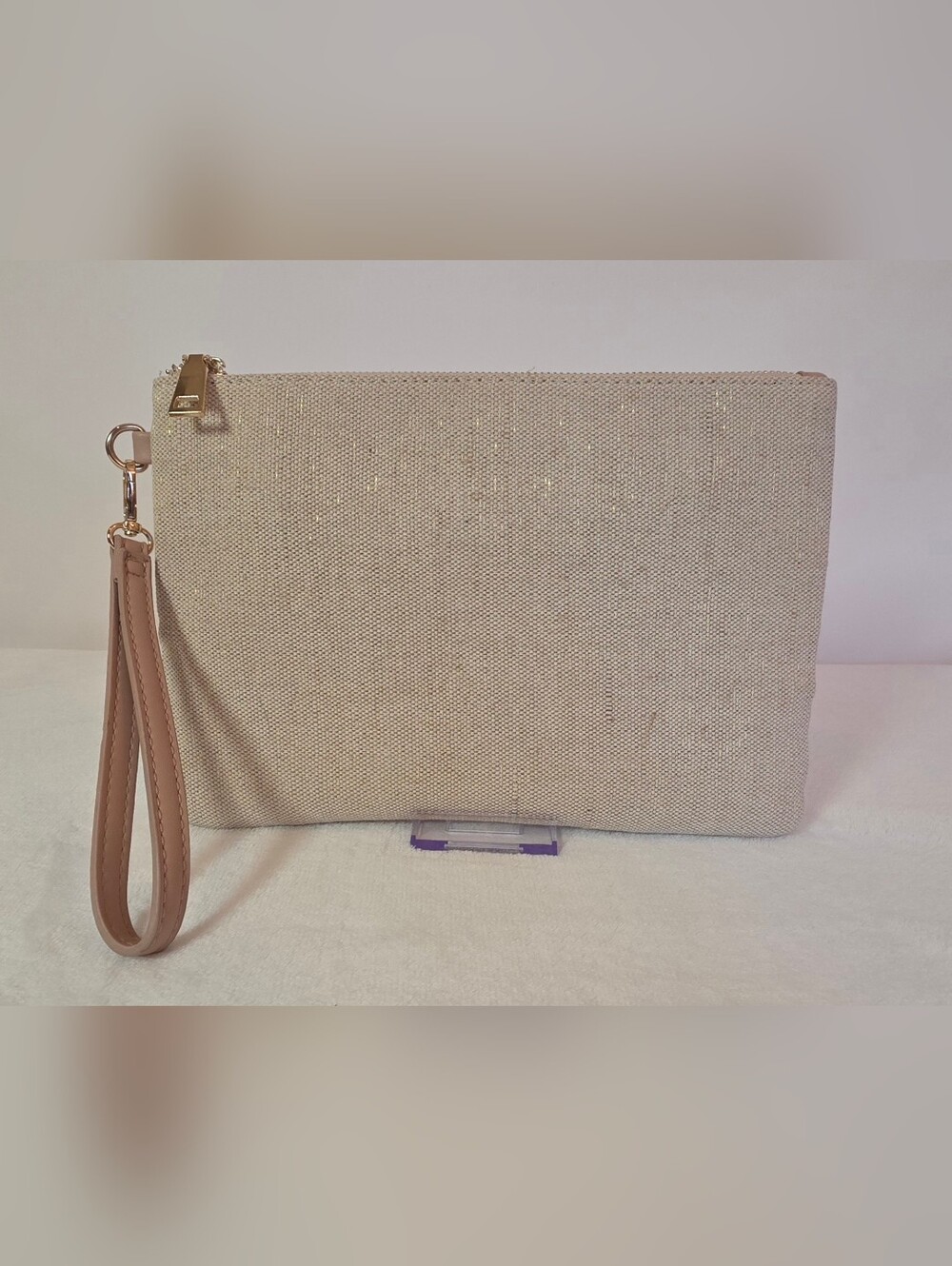 Madison West Beige Woven Wristlet Clutch I Neutral Zip Pouch Bag